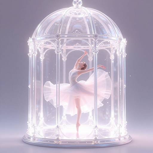 Photograph of a glowing, translucent birdcage encasing a ballet dancer in a white tutu, illuminated from within, with ethereal light effects