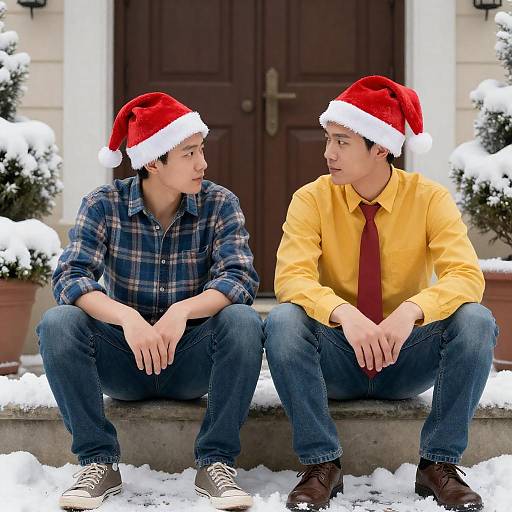 Festive Scene with Santa Hats and Friendship