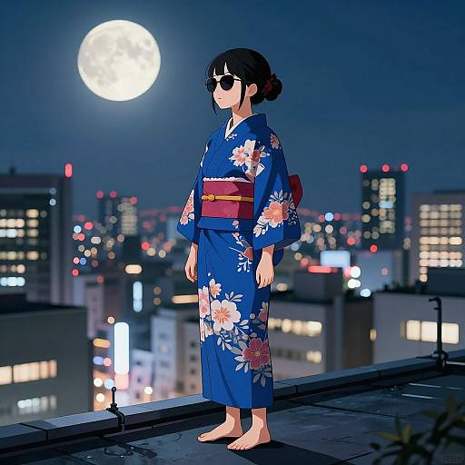 Anime-style illustration of a woman in a blue floral kimono, standing barefoot on a rooftop at night, moonlit cityscape background.