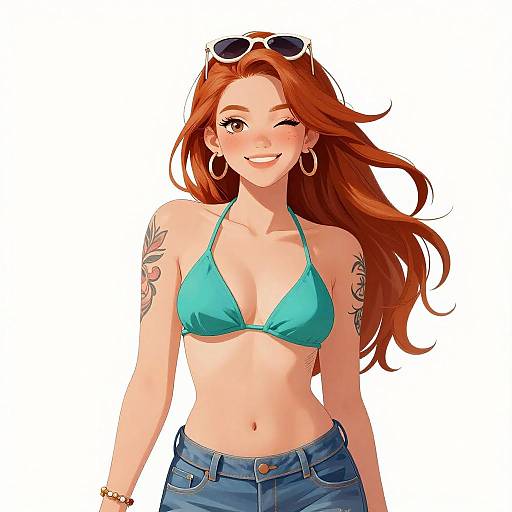 Cheerful Red-Haired Woman in Teal Bikini