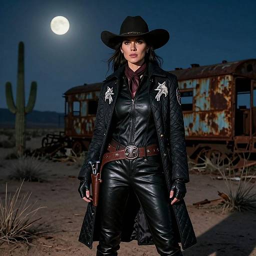 Photograph of a fierce woman in black leather cowboy gear, hat, and gloves, standing in a desert at night with a full moon, rusted