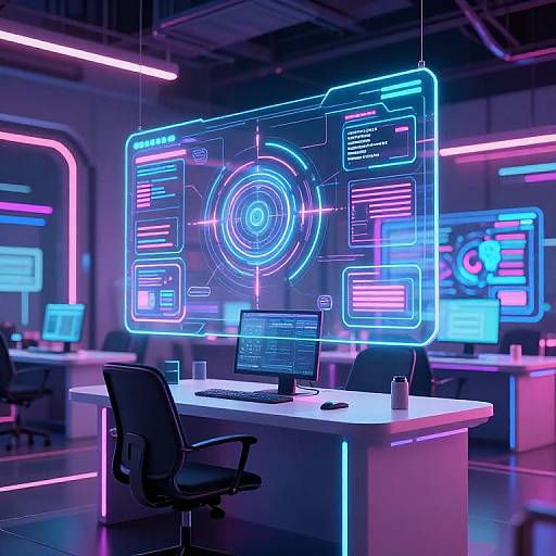 Neon-lit futuristic office with glowing blue and pink holographic screens, white desks, black chairs, and laptops. Modern, tech-themed workspace.