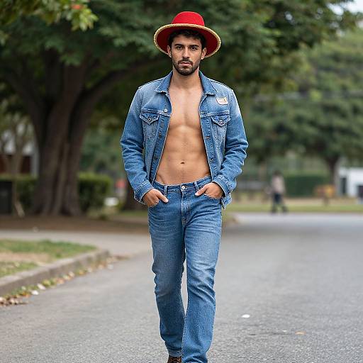Photograph of a bearded man with a toned, bare-chested physique, wearing a red hat, blue denim jacket, and jeans, walking down