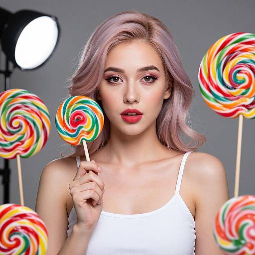 Photograph of a young woman with pink hair, white tank top, holding a colorful swirl lollipop, surrounded by large lollipops, against