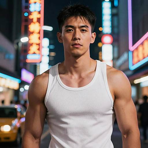 Muscular Man in Neon Cyberpunk City