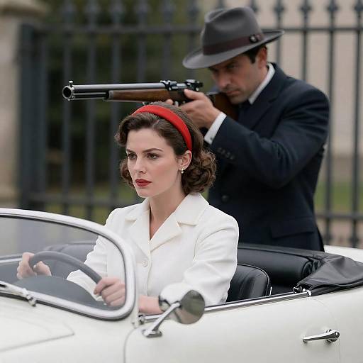 Vintage Driving Scene with Focused Expressions