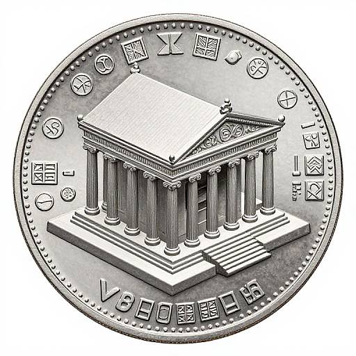 Intricate Silver Coin with Classical Temple