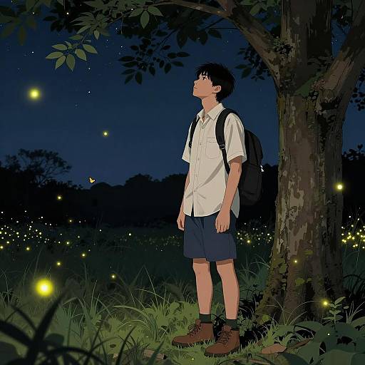 Boy Watching Fireflies at Night