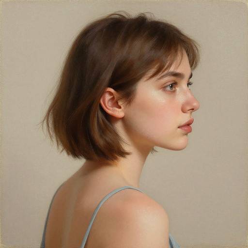 Photograph of a young woman with light skin, short brown bob haircut, wearing a light blue spaghetti-strap top, viewed in profile against a plain