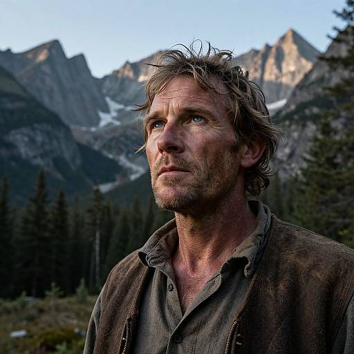 Photograph of a rugged, middle-aged man with tousled brown hair, blue eyes, and stubble, wearing a green shirt, standing against a