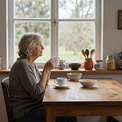 Photograph of an elderly woman with gray hair, wearing a gray knit sweater, sipping tea at a wooden table by a sunlit window. Background