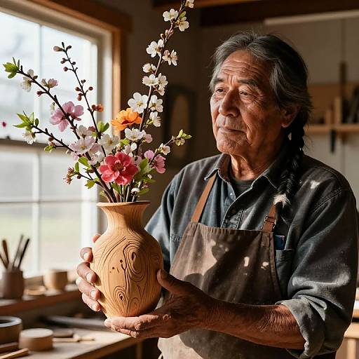Photograph of an elderly Asian woman with gray hair, wearing a blue shirt and brown apron, holding a wooden vase with colorful cherry blossoms in