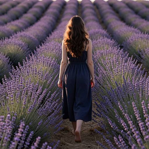 Photograph of a woman with long brown hair in a black dress, walking barefoot through a vibrant lavender field.