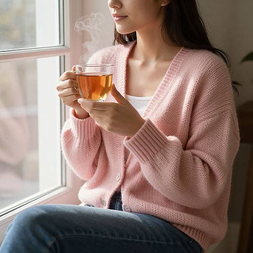 Photograph of a woman with long black hair, wearing a pink knitted sweater and blue jeans, sipping tea near a sunlit window.