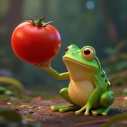 CGI image of a vibrant green frog with large eyes, holding a red tomato in its right hand, sitting on a forest floor with a blurred green