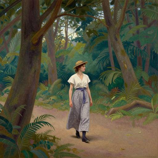 Digital painting of a woman in a white blouse, blue patterned skirt, and hat walking through a lush, tropical forest.
