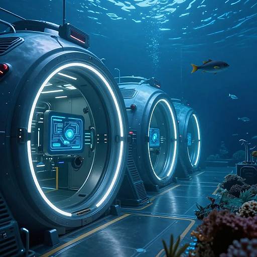 Photograph of futuristic underwater laboratory with three illuminated, circular, high-tech pods lined up, blue ambient lighting, fish swimming, and coral reef in the