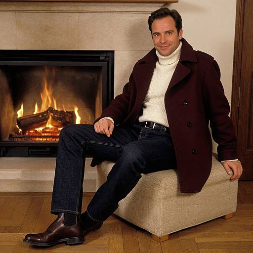 Photograph of a smiling man in a dark brown coat, white turtleneck, and black pants, sitting on a beige ottoman by a lit