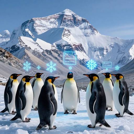 Photograph of seven Emperor penguins standing on snowy ground with a mountain range in the background, featuring digital blue snowflakes and text overlays.