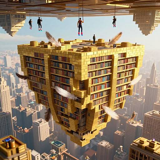 CGI image of a golden, book-filled floating fortress with wings, suspended above a bustling cityscape. Five figures hang from above, silhouet