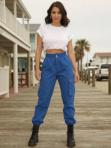Photograph of a confident woman with dark wavy hair, wearing a white crop top, high-waisted blue cargo pants, and black boots,