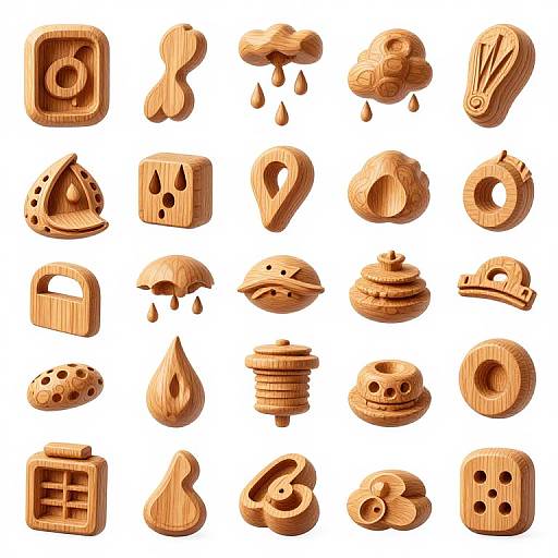 Photograph of 36 wooden alphabet letter shapes in various 3D designs, arranged in a 6x6 grid against a white background. Each