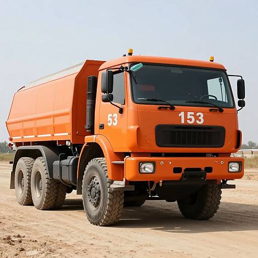 Photograph of a bright orange, six-wheeled garbage truck with 