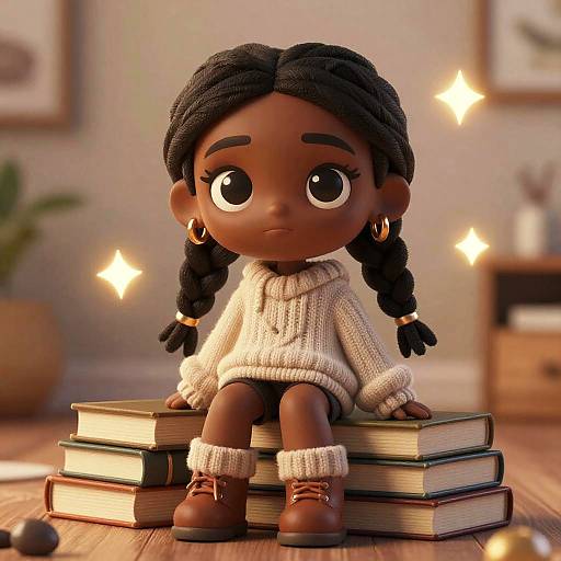 Photorealistic CGI of a dark-skinned, large-eyed doll with braided hair, wearing a white sweater and brown boots, sitting on stacked books