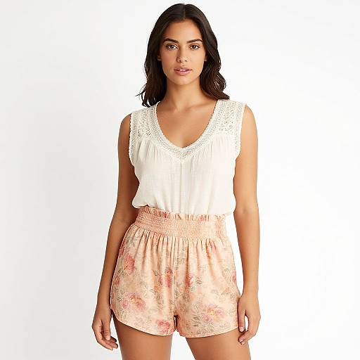 Photograph of a woman with medium brown skin and black hair, wearing a white lace sleeveless top and floral pink shorts, standing against a white background