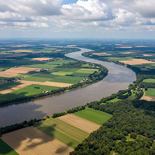 Aerial photograph of a winding river cutting through a patchwork of green, brown, and yellow fields under a cloudy sky. Dense forests line both banks