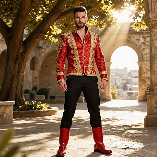 Photorealistic image of a bearded man in a red and gold embroidered jacket, black pants, and red boots, standing in a sunlit,