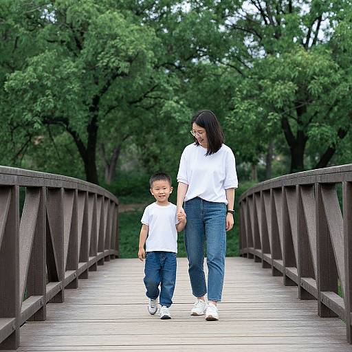 Photograph of an Asian woman and young boy walking on a wooden bridge, both in white shirts and blue jeans, surrounded by lush green trees.