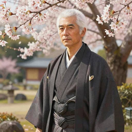 Photograph of an elderly Japanese man with white hair, wearing a black kimono, standing under cherry blossom branches, with a traditional garden background.