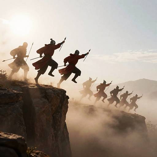 Dramatic Leap of Silhouetted Warriors