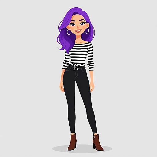 Digital illustration of a smiling woman with purple hair, wearing a striped black and white top, black high-waisted jeans, and brown ankle boots,