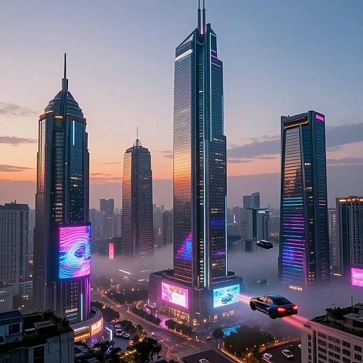 Photograph of a futuristic cityscape at dusk, featuring illuminated skyscrapers with neon lights, a misty ground level, and a car driving below