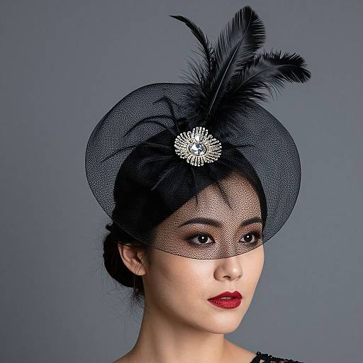 Photograph of a pale-skinned woman with red lipstick, wearing a black mesh hat adorned with feathers and a silver brooch, against a gray background