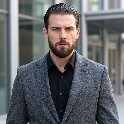 Photograph of a handsome, bearded man with slicked-back dark hair, wearing a gray blazer over a black shirt, standing in front of