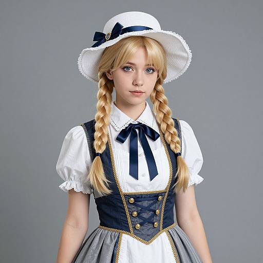 Digital CGI image of a young blonde girl with braided hair, wearing a white hat, white blouse, navy blue corset, and gray skirt against
