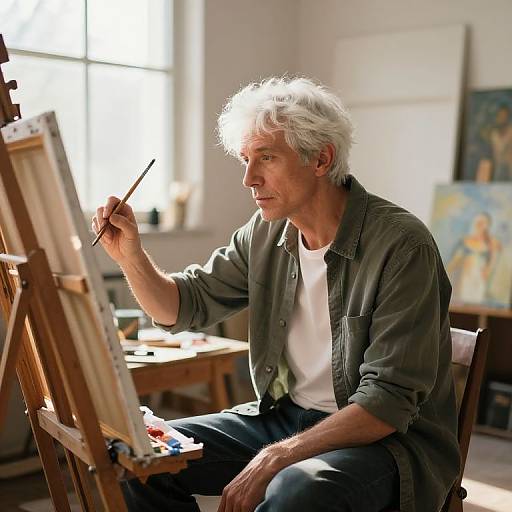 Photograph of an older man with white hair painting at an easel in a sunlit studio, wearing a gray shirt and white tee.