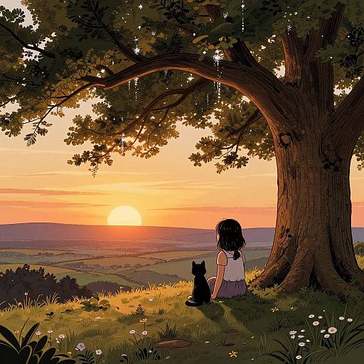 Anime-style digital drawing of a girl with black hair, white dress, and cat sitting under a large tree at sunset, overlooking a colorful, rolling landscape