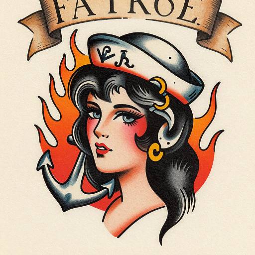 Vintage-style tattoo of a black-haired woman in a sailor hat with anchor, gold earring, red-orange flames background, and 
