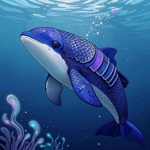 Digital illustration of a blue, patterned fish with intricate scales, swimming underwater. Background includes glowing coral and bubbles. Vibrant, detailed, and colorful