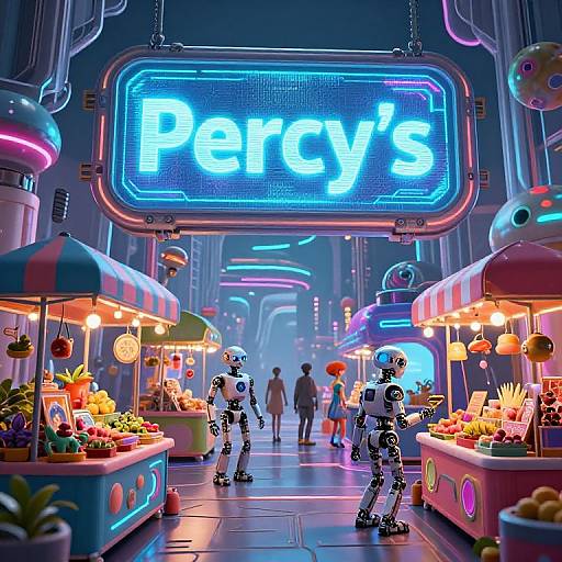 Neon-lit futuristic market with robotic vendors, colorful stalls, and 