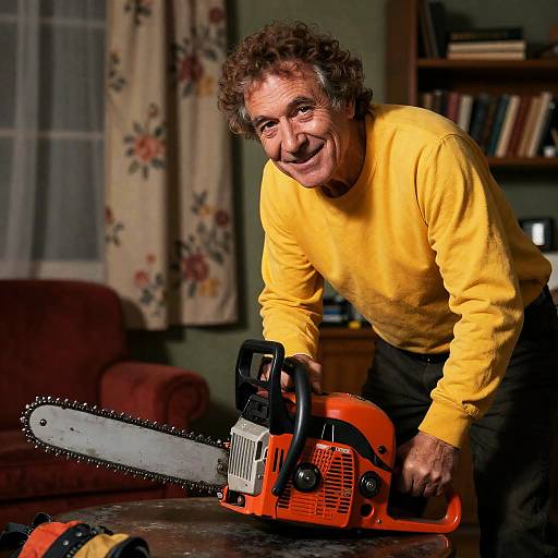 Smiling Old Man with Chainsaw in Room