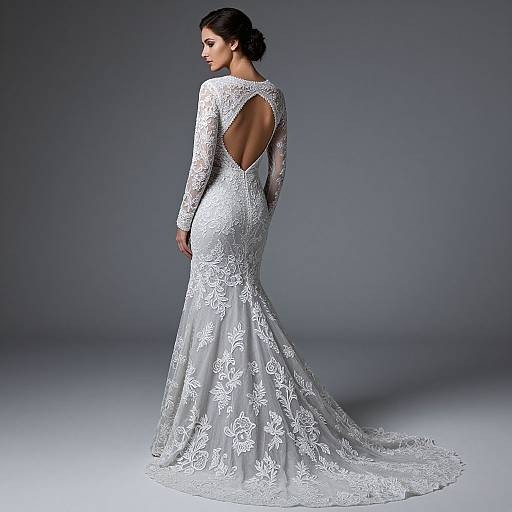 Photograph of a dark-haired woman in a white, long-sleeved, lace wedding dress with a low back and floral embroidery, standing against a