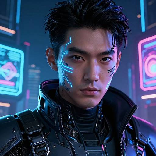 Cyberpunk portrait of an Asian man with black hair, neon blue facial markings, and futuristic black tactical gear, standing in a neon-lit city
