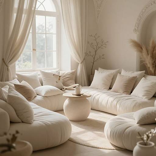 Photograph of a sunlit, elegant living room with white, plush, curved sofas, soft beige pillows, and a round white table. Arched