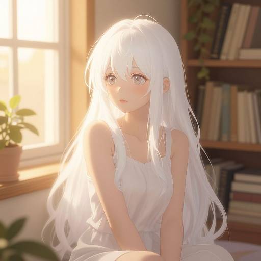 Digital anime-style drawing of a young girl with long, white hair, wearing a white dress, sitting in a sunlit room with books and a p