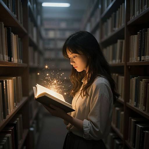 Photograph of a young woman with long dark hair, wearing a white blouse, reading a glowing book in a dimly lit library, surrounded by book